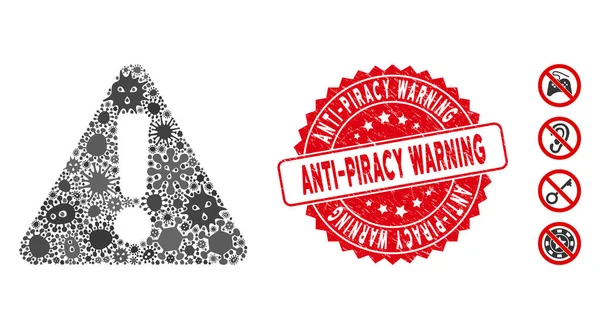 Ícone de advertência do mosaico contagioso com selo de advertência anti-pirataria redondo riscado — Vetor de Stock