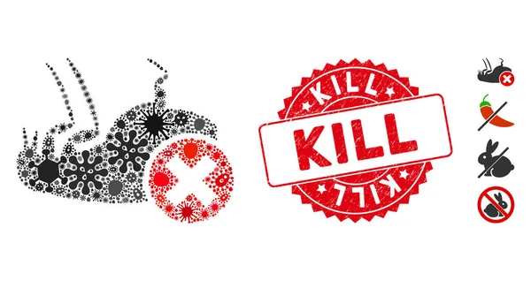Pandemic Collage Kill icono de pulgas con textura ronda Kill Sello — Vector de stock