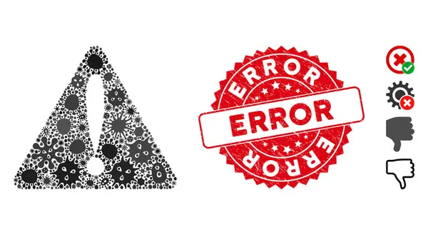 Ícone de erro de aviso do mosaico micróbio com selo de erro redondo do grunge —  Vetores de Stock