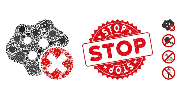 Icono de infección de parada de collage pandémico con sello de parada redonda de angustia — Vector de stock