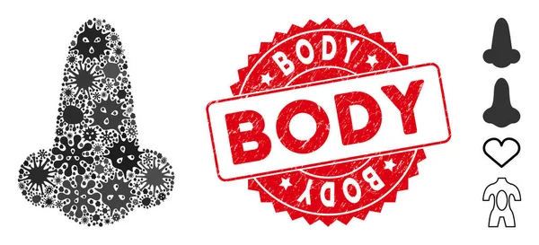 Biologisch gevaar Mozaïek Menselijke neus Ikoon met Distress Ronde Body Stamp — Stockvector