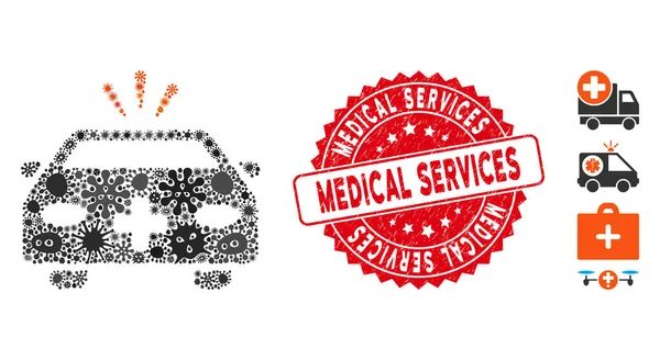 Erreger-Mosaik Notarztwagen-Ikone mit Notfall-Stempel — Stockvektor