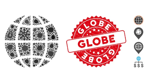 Globo de mosaico patógeno Icono con sello de globo redondo grunge — Vector de stock
