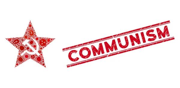 Microbe Collage Communism Star Icon and Grunge Communism Stamp with Lines — стоковий вектор