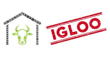 Ateş Kolajı İnek Garajı Simgesi ve Çizgilerle İgloo Mührü