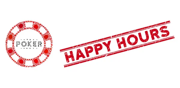 Surto Colagem Poker Casino Chip Ícone e aflição Happy Hours Seal com linhas — Vetor de Stock