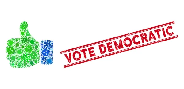 Contagioso Mosaico Pollice Icona e graffiato voto sigillo democratico con linee — Vettoriale Stock