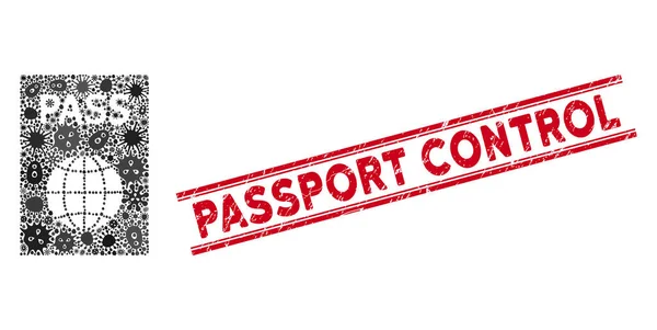 Kollázs útlevél ikon és texturált útlevél ellenőrző bélyegző vonalakkal — Stock Vector