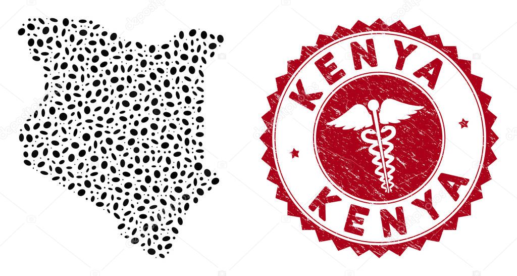 Collage Kenya Map with Scratched Medical Stamp Seal