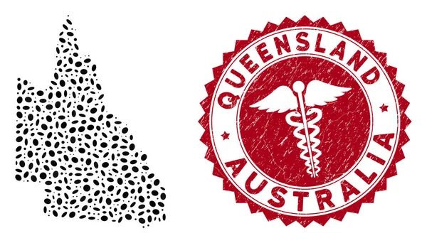 オーストラリアのクイーンズランド州地図を遭難医療用透かしでコラージュ — ストックベクタ