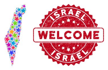 Bright Star Israel Map Collage and Scratched Welcome Stamp Seal
