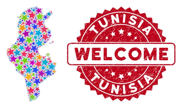 Bright Star Tunisie Carte Mosaïque et Grunge Bienvenue Timbre — Image vectorielle