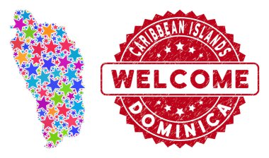 Colorful Star Dominica Island Map Collage and Textured Welcome Stamp