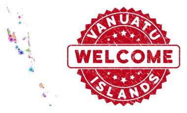Color Star Vanuatu Islands Map Collage and Scratched Welcome Stamp