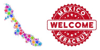 Colorful Star Veracruz State Map Collage and Scratched Welcome Stamp Seal