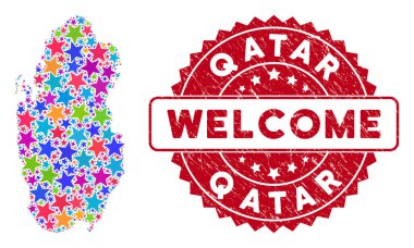 Colorful Star Qatar Map Collage and Scratched Welcome Seal