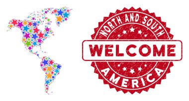 Color Star South and North America Map Composition and Grunge Welcome Stamp Seal