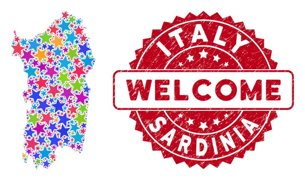 Colorful Star Italian Sardinia Island Map Collage and Grunge Welcome Stamp — Stock Vector