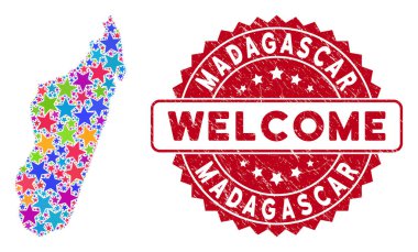 Color Star Madagascar Island Map Mosaic and Grunge Welcome Stamp