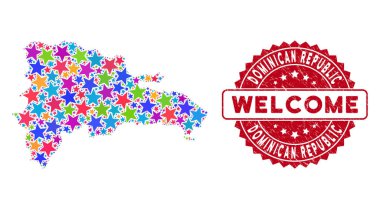 Renk Yıldızı Dominik Cumhuriyeti Haritası Kompozisyonu ve Çizilmiş Hoş Geldiniz Mührü