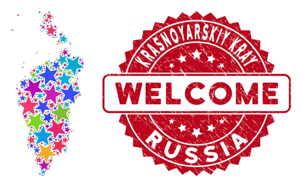 Color Star Krasnoyarskiy Kray Map Mosaic and Textured Welcome Stamp — 图库矢量图片