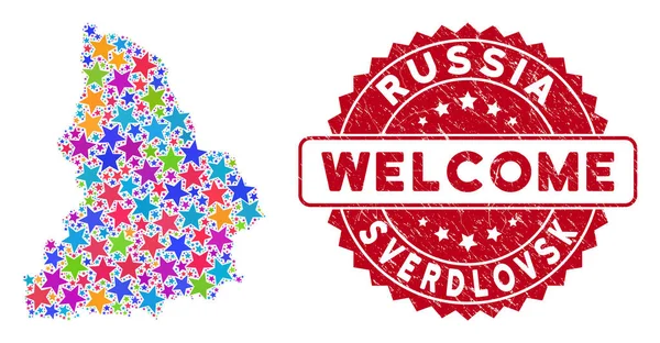 Bright Star Sverdlovsk Region Carte Collage et Grunge Bienvenue Sceau — Image vectorielle