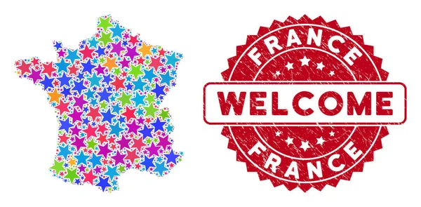 Collage de carte Star France coloré et sceau de bienvenue rayé — Image vectorielle