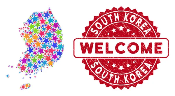 Estrella Brillante Corea del Sur Mapa Mosaico y Sello de bienvenida rayado — Vector de stock