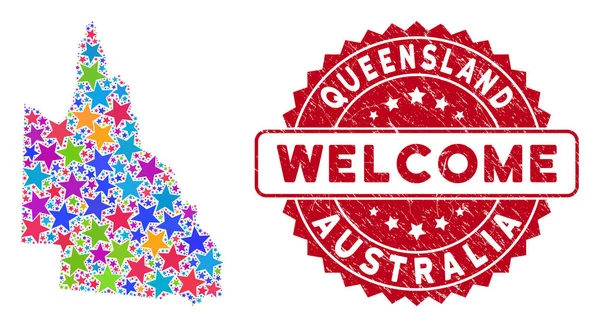 Color Star Australian Queensland Mapa Mosaico y Grunge Bienvenido Sello Sello — Vector de stock