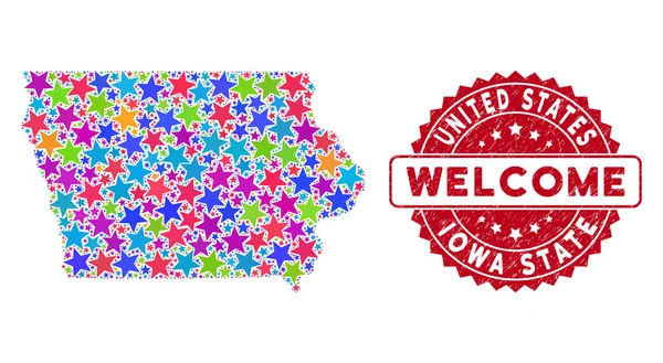 Estrela brilhante Iowa Estado Mapa Composição e angústia Bem-vindo Selo —  Vetores de Stock