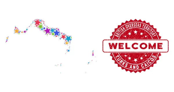 Cor Estrela Ilhas Turcas e Caicos Mapa Mosaico e texturizado Welcome Seal — Vetor de Stock