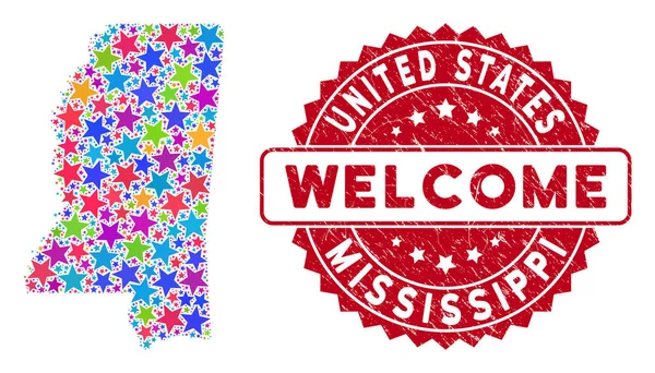 Bright Star Mississippi Mapa do Estado Mosaico e texturizado Bem-vindo Selo — Vetor de Stock