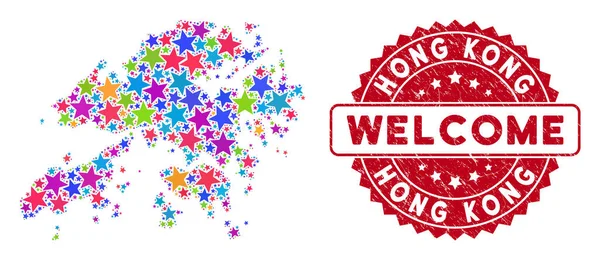 Color Star hong kong map collage und distress welcome stamp seal — Stockvektor