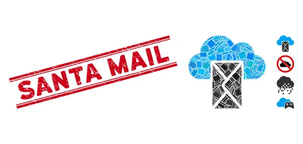 Mosaico de Cloud Mail y sello de Santa Mail rayado con líneas — Archivo Imágenes Vectoriales