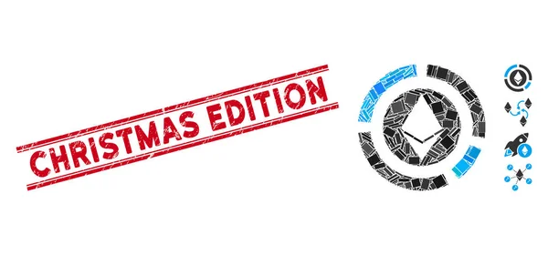 Ethereum Διάγραμμα Ψηφιδωτό και scratched Χριστούγεννα Edition σφραγίδα με γραμμές — Διανυσματικό Αρχείο