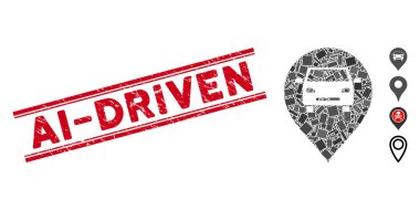 Araç Haritası İşaretleyici Mozaiği ve Çizgili Grunge Ai-Driven Mührü