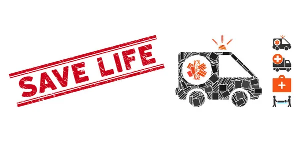 Rettungswagen-Mosaik und Grunge retten Leben mit Leinen — Stockvektor