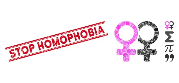 Simbolo di coppia lesbica Mosaico e Grunge Stop Omofobia Timbro Sigillo con linee — Vettoriale Stock
