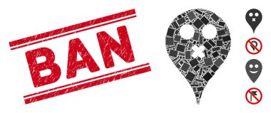 Sessizlik Gülen Harita İşaretleyici Mozaiği ve Grunge Yasaklama Çizgileri