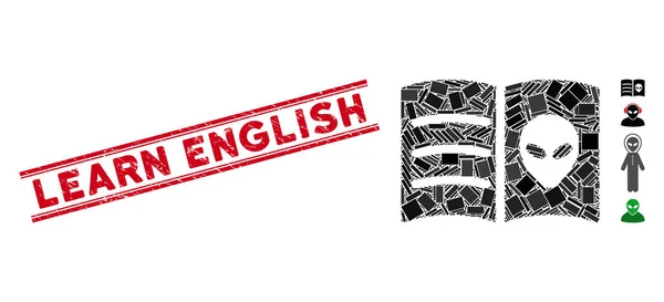 外国人脸书拼图和Grunge学习有线条的英文邮票 — 图库矢量图片