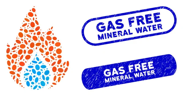 Elipse Collage Fuego y Gota de Agua con Grunge Gas Free Mineral Water Watermarks — Archivo Imágenes Vectoriales