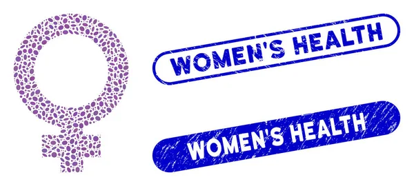 Collage Oval Símbolo Femenino con Distress WomenS Sellos de Salud — Vector de stock