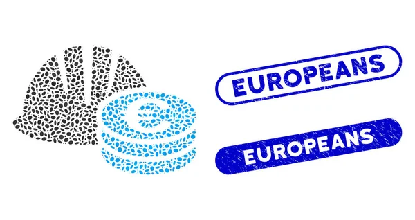 Oval mosaik hjälm och euromynt med texturerade europeiska frimärken — Stock vektor