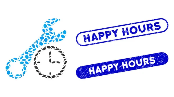 Tempo de Serviço de Colagem Elíptica com Grunge Happy Hours Watermarks — Vetor de Stock