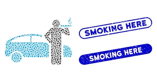Collage ovale fumeur chauffeur de taxi avec texturé fumer ici scelle — Image vectorielle