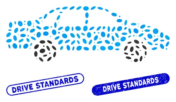 Oval Collage Sedan Car with Textured Drive Standards Watermarks — Stok Vektör