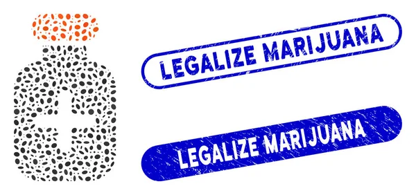 Elliptische Collage Medikamentenflasche mit zerkratzten Marihuana-Siegeln legalisieren — Stockvektor