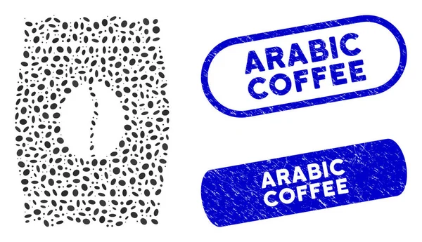 Ellipse Collage Coffee Bean Pack with Grunge Arabic Coffee Seals — 스톡 벡터