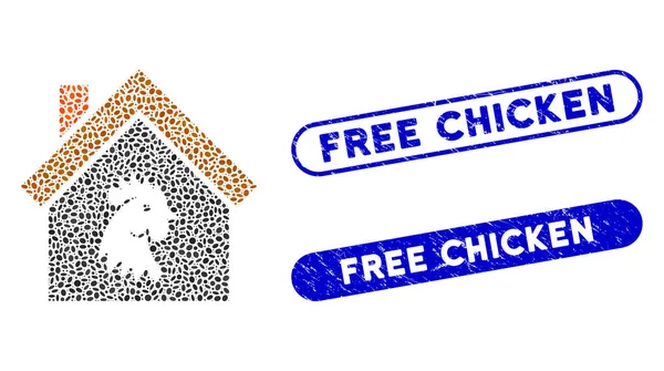 Oval Mosaic Cock House with Grunge Free Chicken Stamps — Stok Vektör