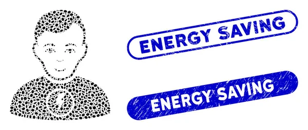 Ellipse Mosaic Power Man com Grunge Energy Saving Watermarks — Vetor de Stock